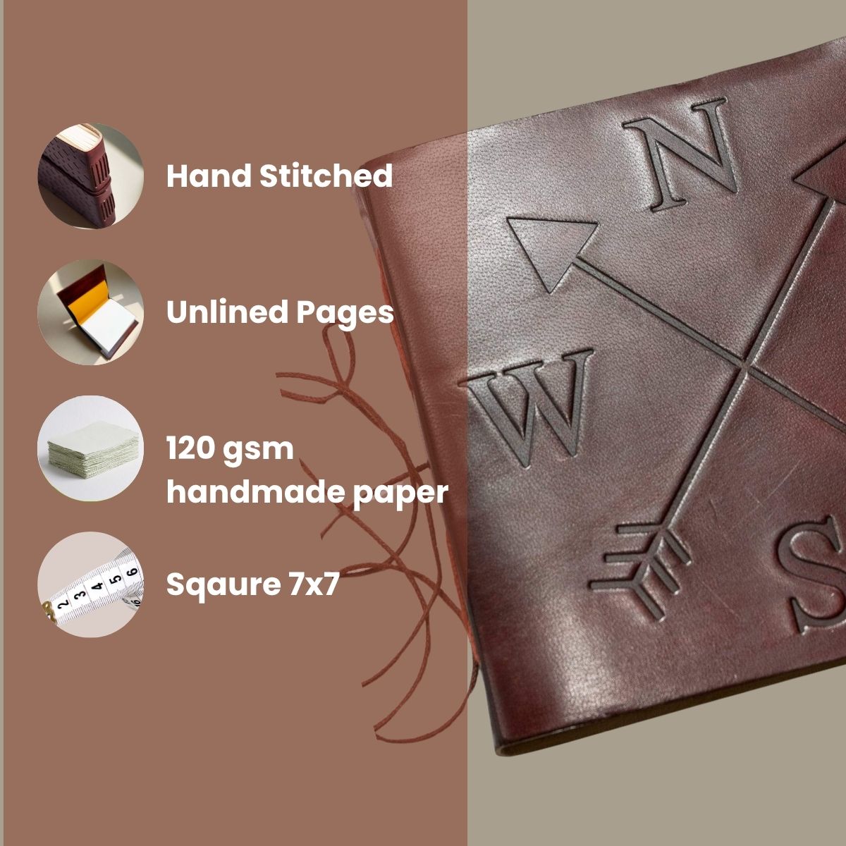Compass 7x7 Leather Journal | Embossed Square Sketchbook & Diary